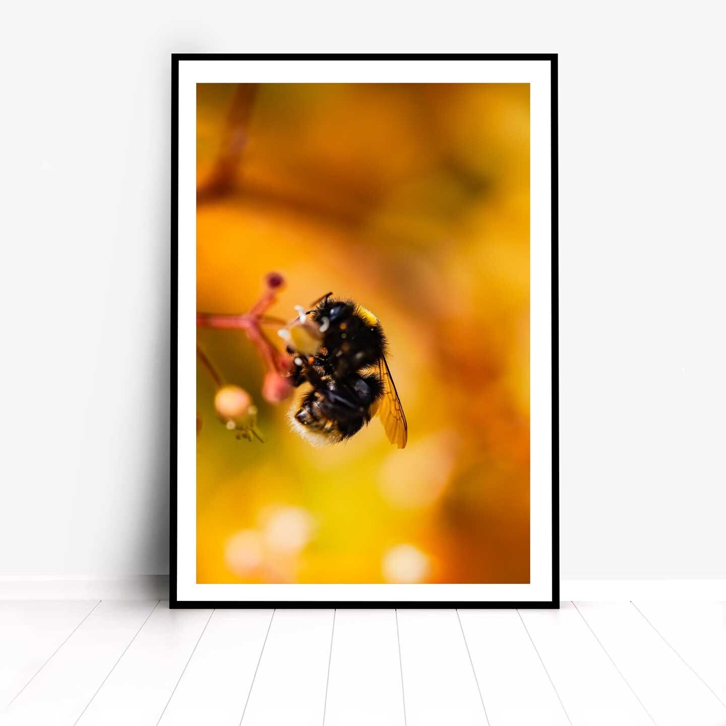 Bumblebee Art Print, Yellow Wildflowers Print, Bright Floral Photography, Bee Art, Macro Nature Photography