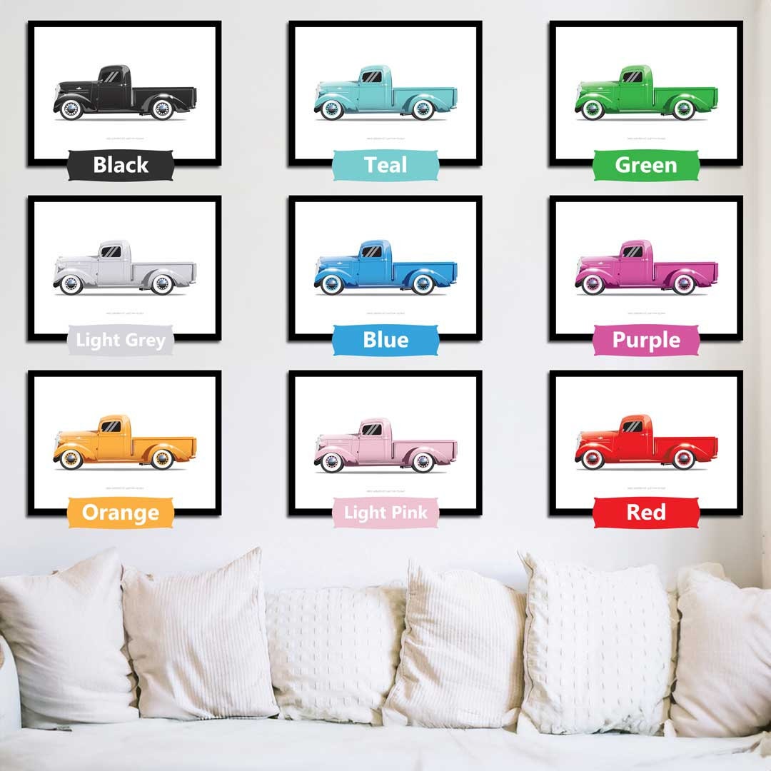1937 Chevrolet Custom Pickup Car Illustration Colour Orange, Custom Car Poster, Car Portrait, Car Art, Vehicle, Truck Print