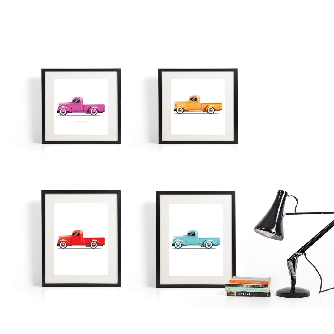 1937 Chevrolet Custom Pickup Car Illustration Colour Orange, Custom Car Poster, Car Portrait, Car Art, Vehicle, Truck Print