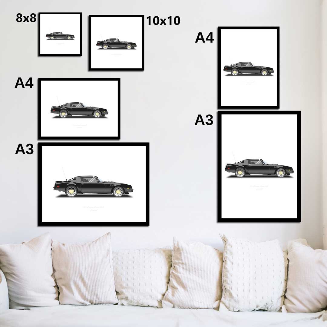 Smokey and the Bandit Trans AM car Illustration from the film featuring Burt Reynolds, a Pontiac Firebird classic car minimalist poster