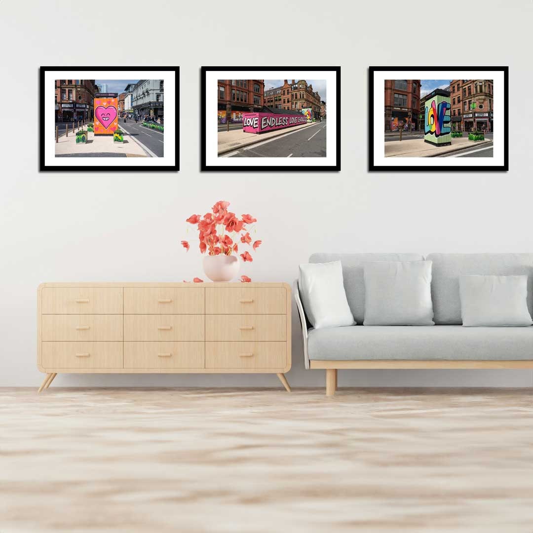 Set of 3 Manchester prints, UK city prints, Colourful photographs, Travel posters, Travel wall art, Landmark posters