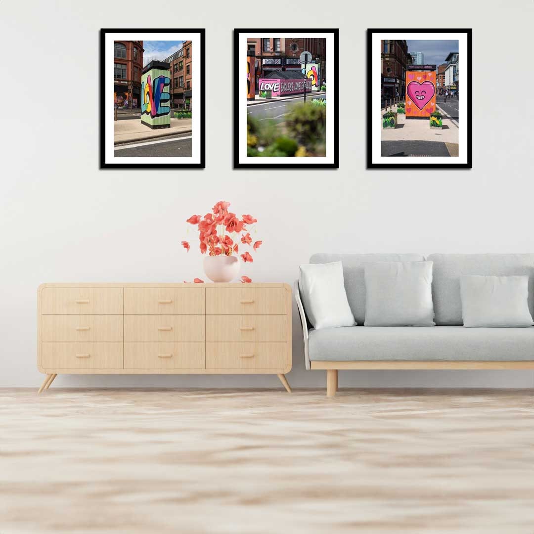 Set of 3 Manchester prints, UK city prints, Colourful photographs, Travel posters, Travel wall art, Landmark posters
