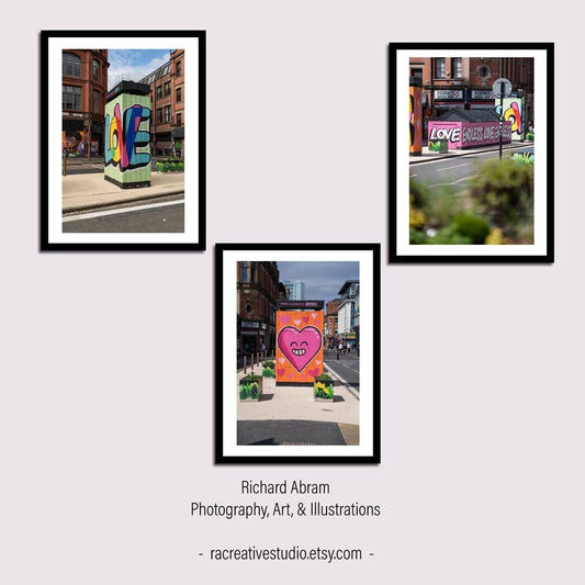 Set of 3 Manchester prints, UK city prints, Colourful photographs, Travel posters, Travel wall art, Landmark posters