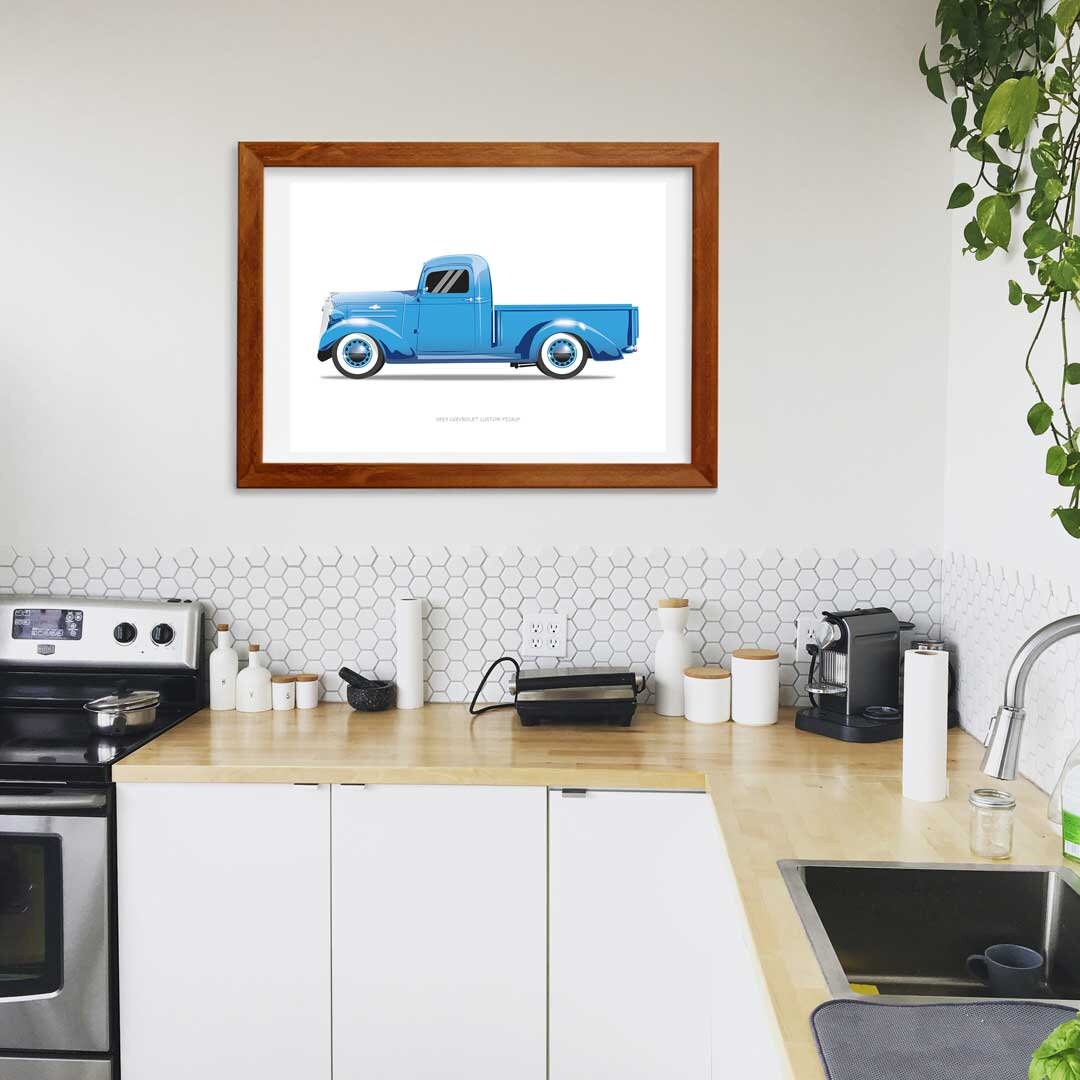 1937 Chevrolet Custom Pickup Car Illustration Colour Orange, Custom Car Poster, Car Portrait, Car Art, Vehicle, Truck Print