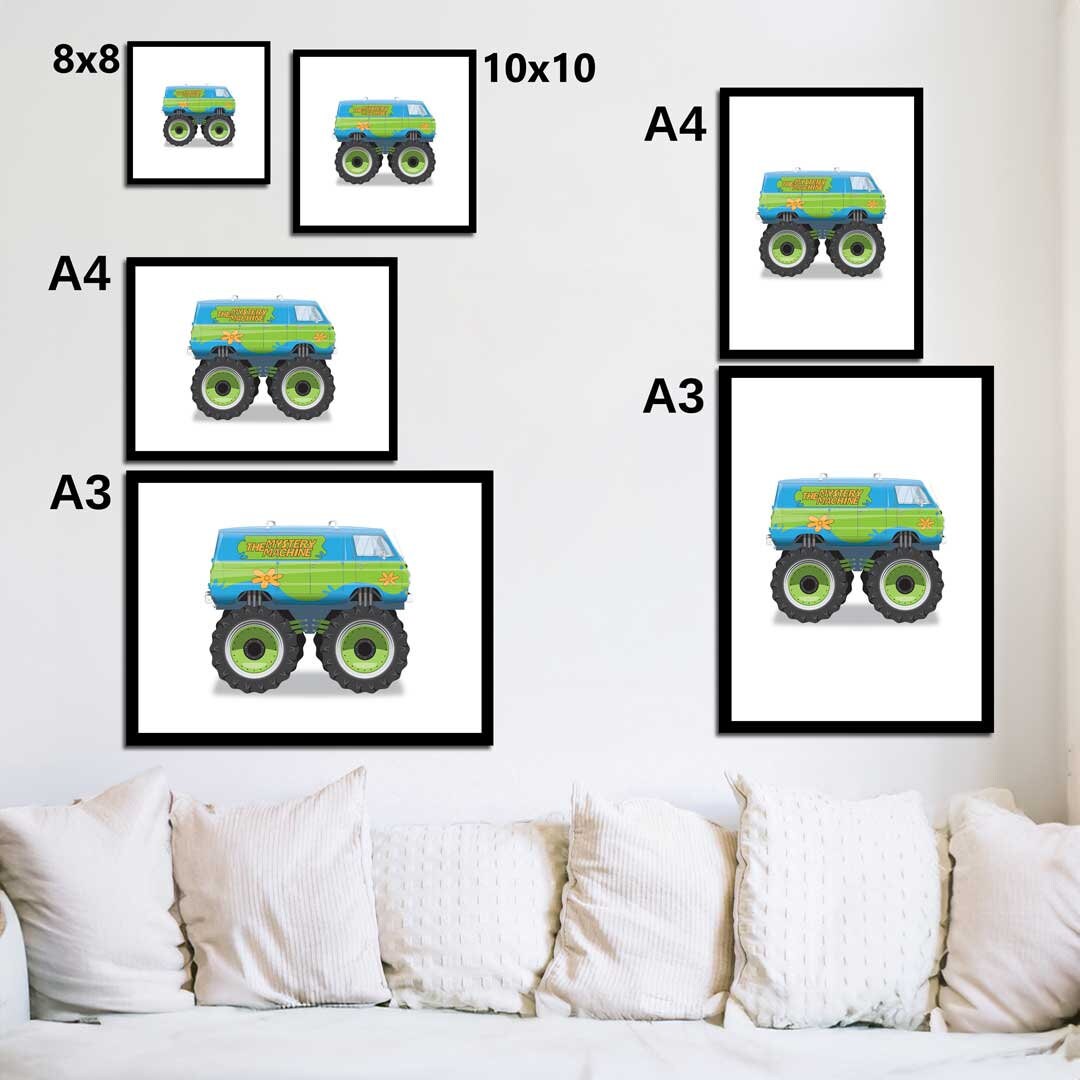 Monster Truck Mystery Machine Scooby-Doo Van Illustration, 1966 Dodge A100 Van Vehicle Illustration, Movie Poster, Vehicle Art