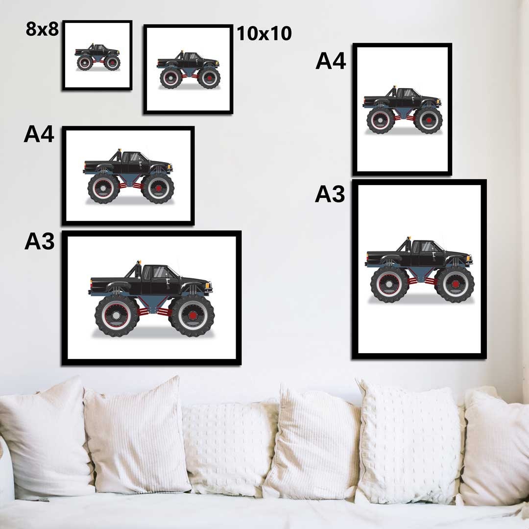 Custom Car Illustration, Monster Truck Themed Back to the Future Digital Art, Toyota Pickup Car Illustration, Minimalist Car Poster Art
