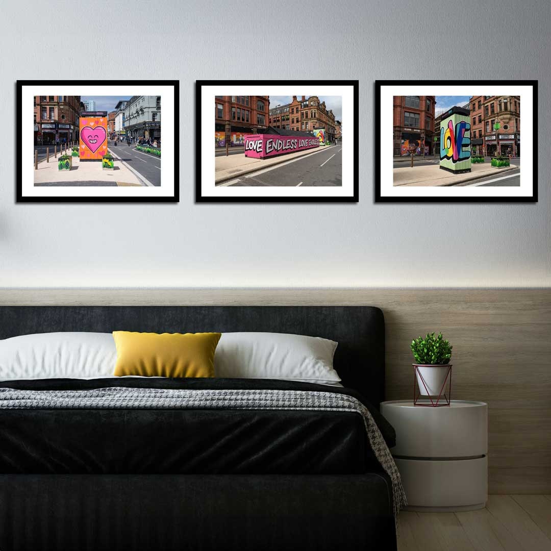 Set of 3 Manchester prints, UK city prints, Colourful photographs, Travel posters, Travel wall art, Landmark posters