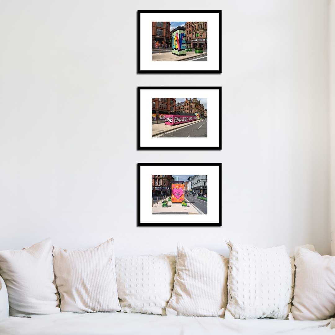 Set of 3 Manchester prints, UK city prints, Colourful photographs, Travel posters, Travel wall art, Landmark posters
