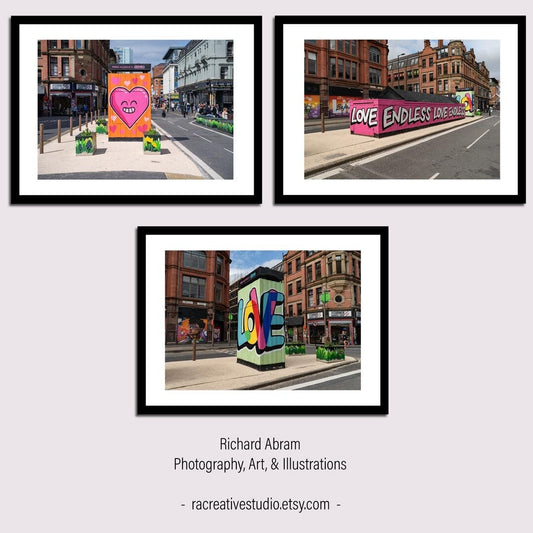 Set of 3 Manchester prints, UK city prints, Colourful photographs, Travel posters, Travel wall art, Landmark posters