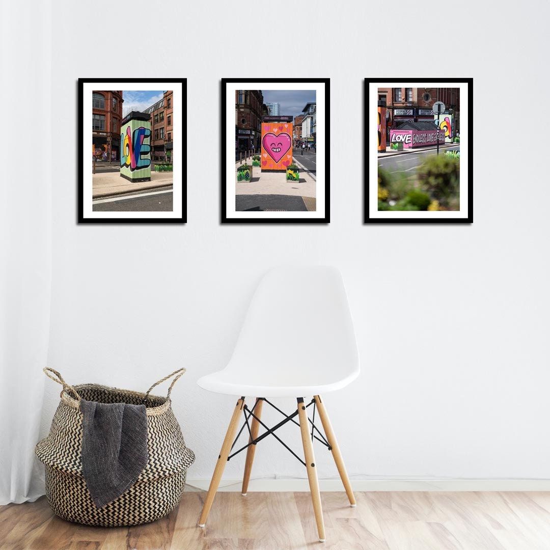 Set of 3 Manchester prints, UK city prints, Colourful photographs, Travel posters, Travel wall art, Landmark posters