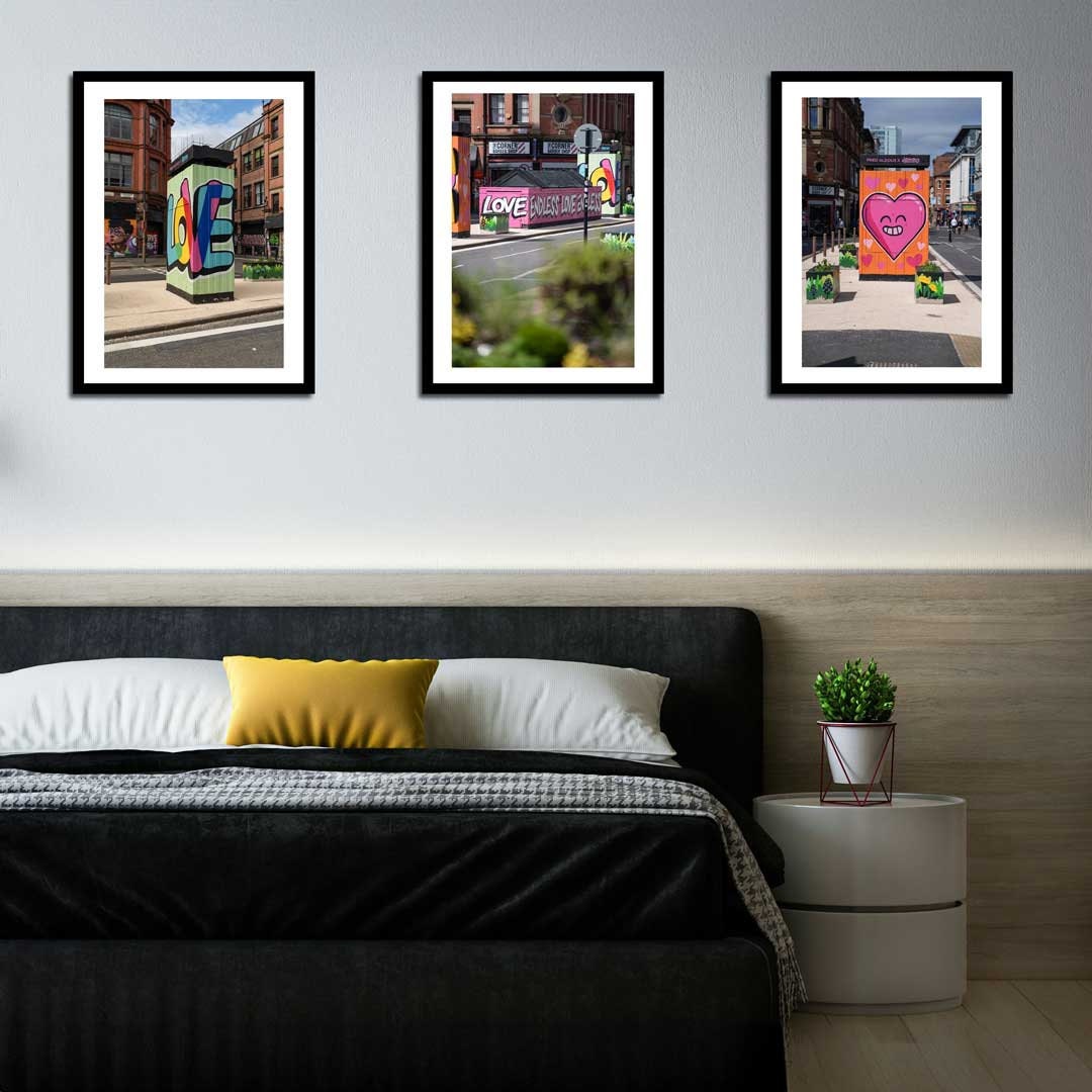 Set of 3 Manchester prints, UK city prints, Colourful photographs, Travel posters, Travel wall art, Landmark posters