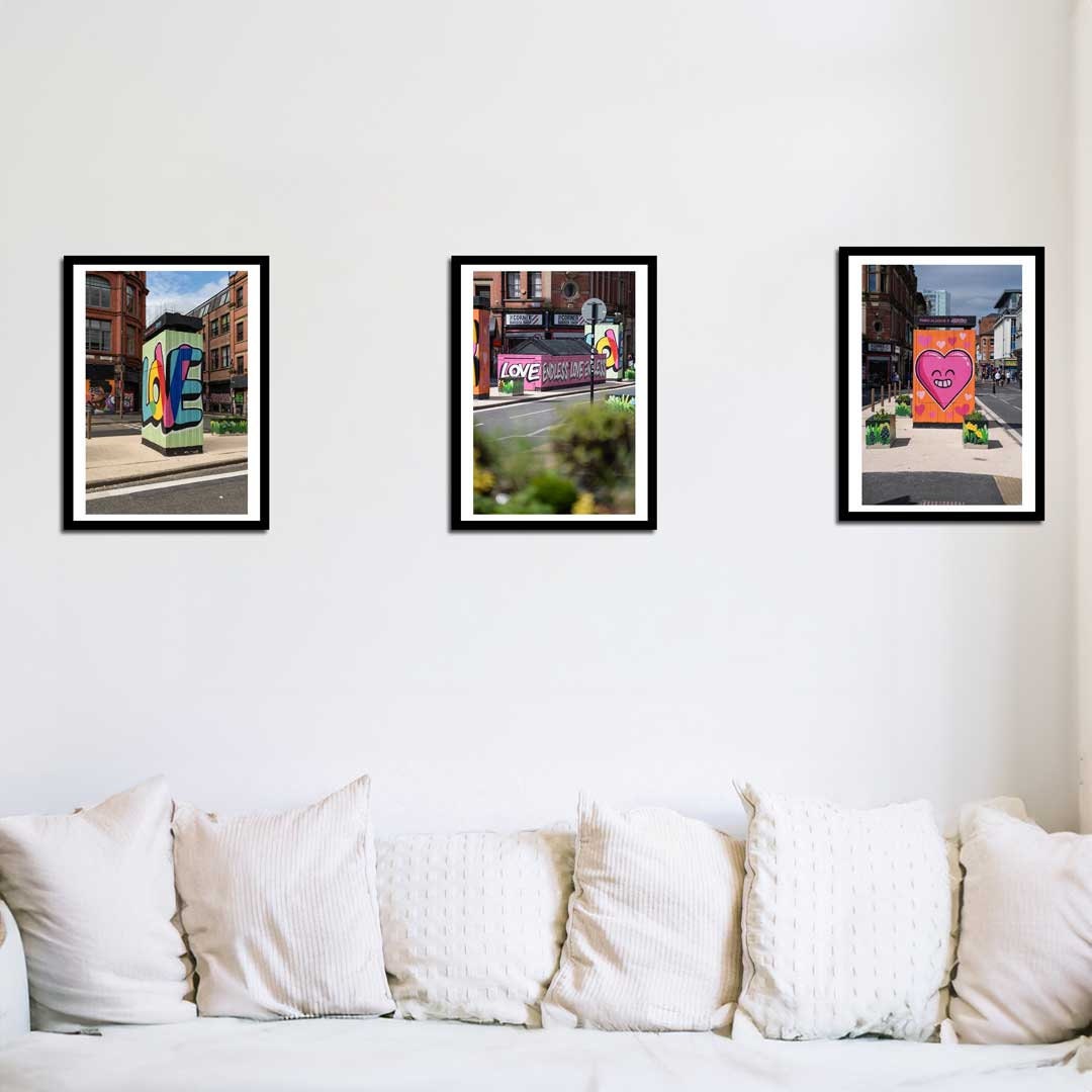 Set of 3 Manchester prints, UK city prints, Colourful photographs, Travel posters, Travel wall art, Landmark posters