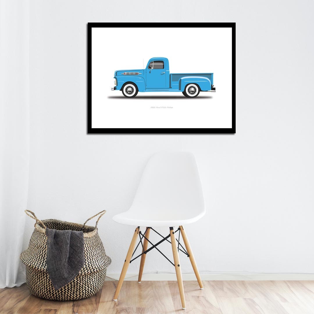 Custom Car Poster, American Hot Rod, Car Portrait, 1952 Ford F100 Pickup Car Illustration, Car Art, Digital Vehicle Print