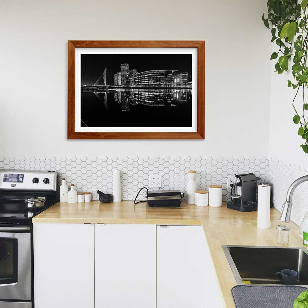 The Quays Salford Quays Manchester, Media City Night Time Reflections, Manchester Photographic Print, Black and White Art Photography