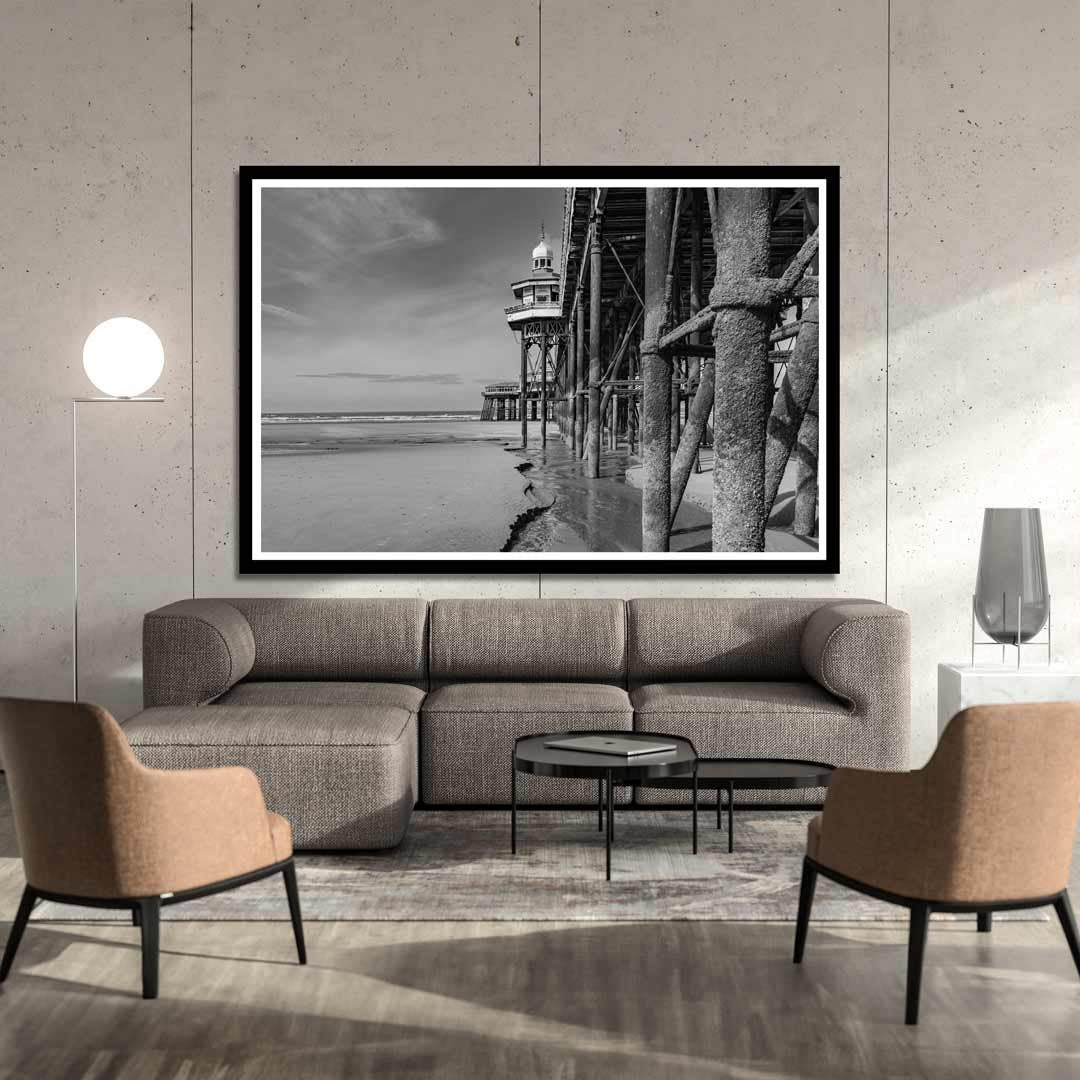 Black and White Blackpool Beach, Under the North Pier, Landscape Photography Prints, Wall Art, Panoramic
