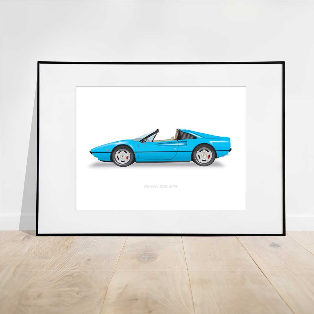 Ferrari 308 GTS - Magnum PI Car - Car Illustration, Handmade Artwork Print, Wall Art, Poster