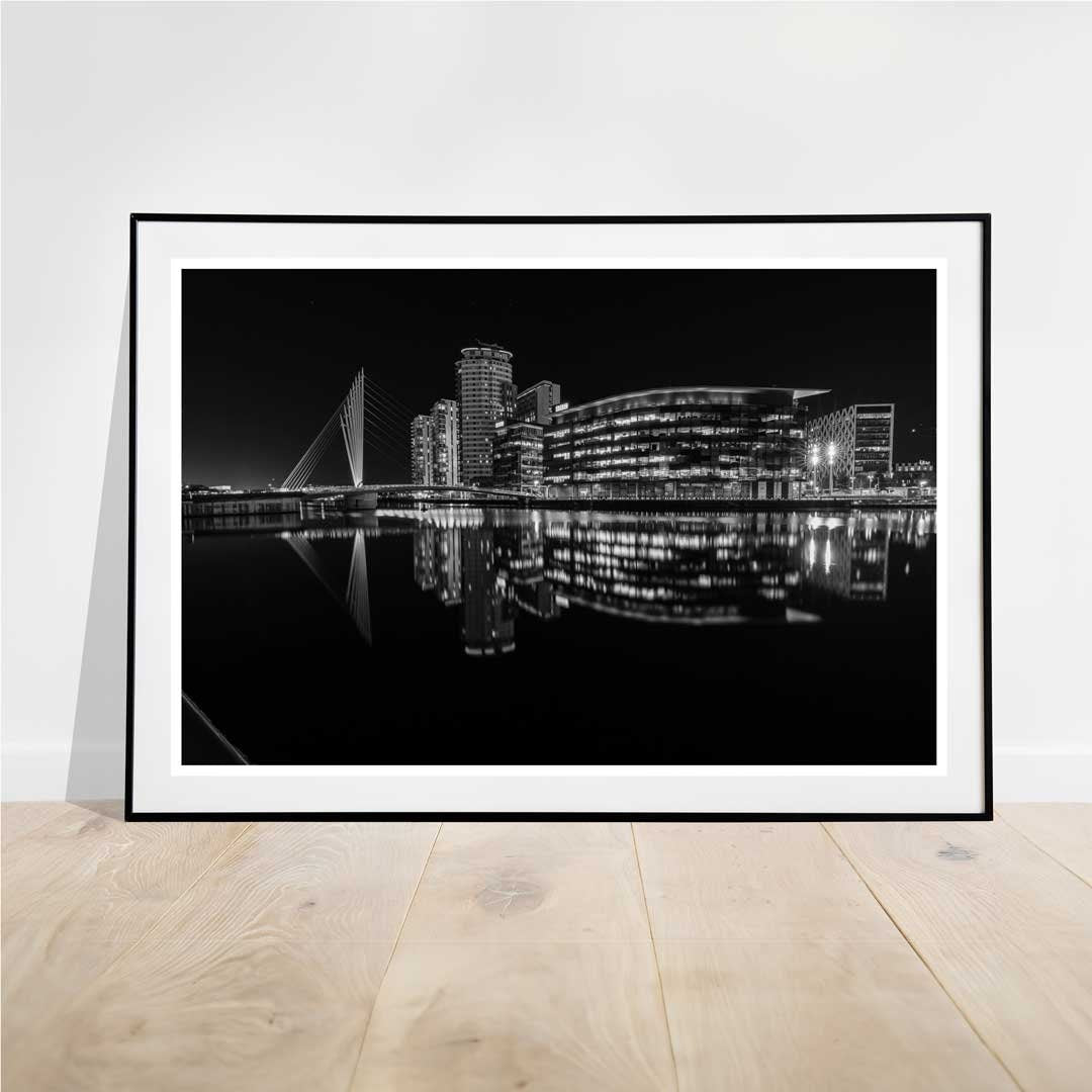 The Quays Salford Quays Manchester, Media City Night Time Reflections, Manchester Photographic Print, Black and White Art Photography