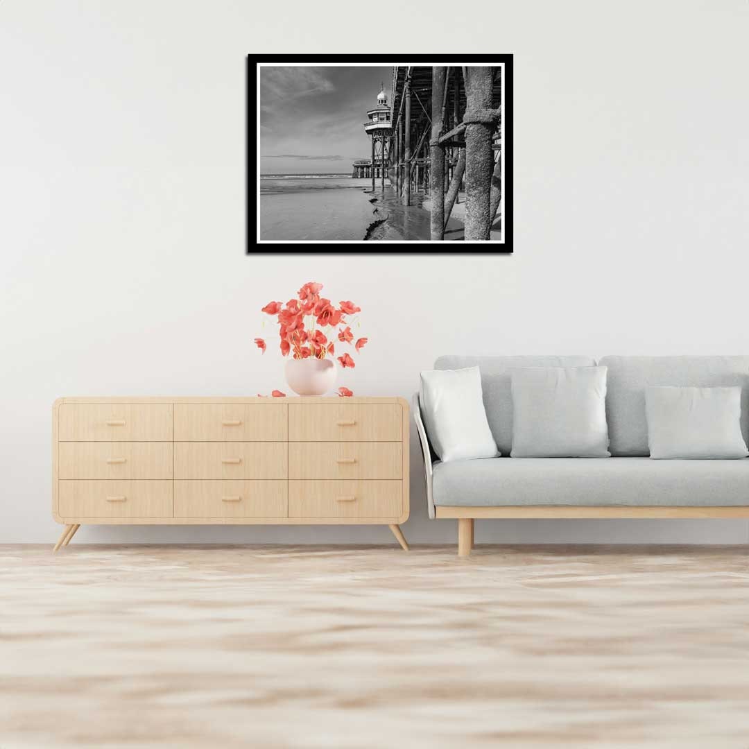 Black and White Blackpool Beach, Under the North Pier, Landscape Photography Prints, Wall Art, Panoramic