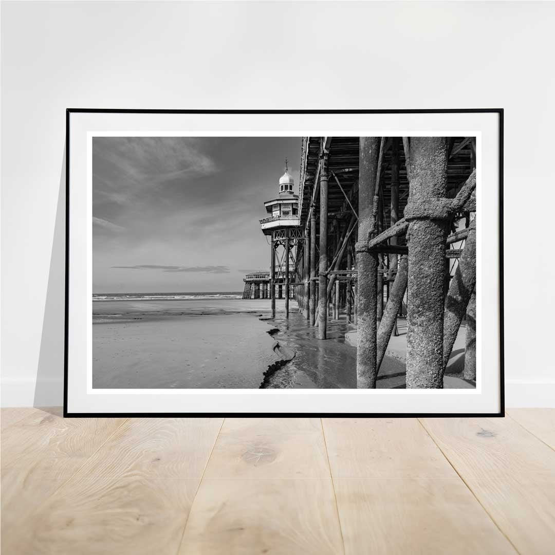 Black and White Blackpool Beach, Under the North Pier, Landscape Photography Prints, Wall Art, Panoramic