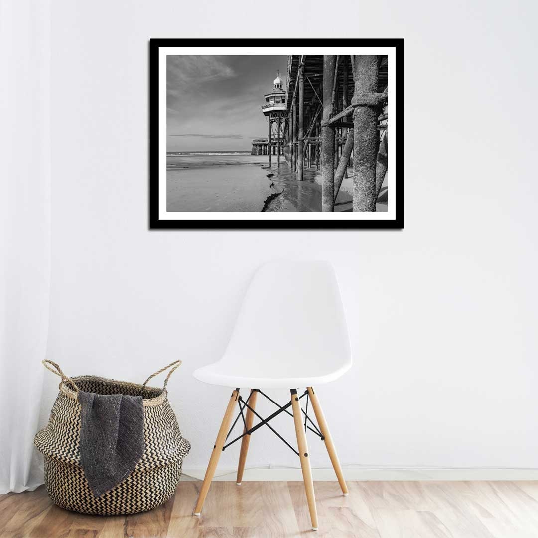 Black and White Blackpool Beach, Under the North Pier, Landscape Photography Prints, Wall Art, Panoramic