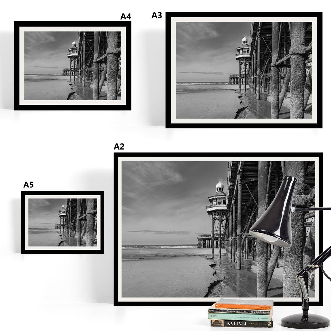 Black and White Blackpool Beach, Under the North Pier, Landscape Photography Prints, Wall Art, Panoramic