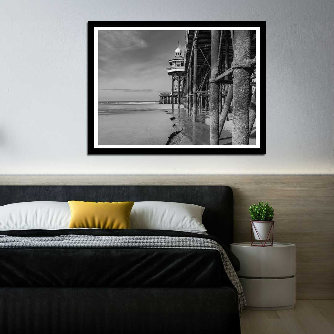 Black and White Blackpool Beach, Under the North Pier, Landscape Photography Prints, Wall Art, Panoramic