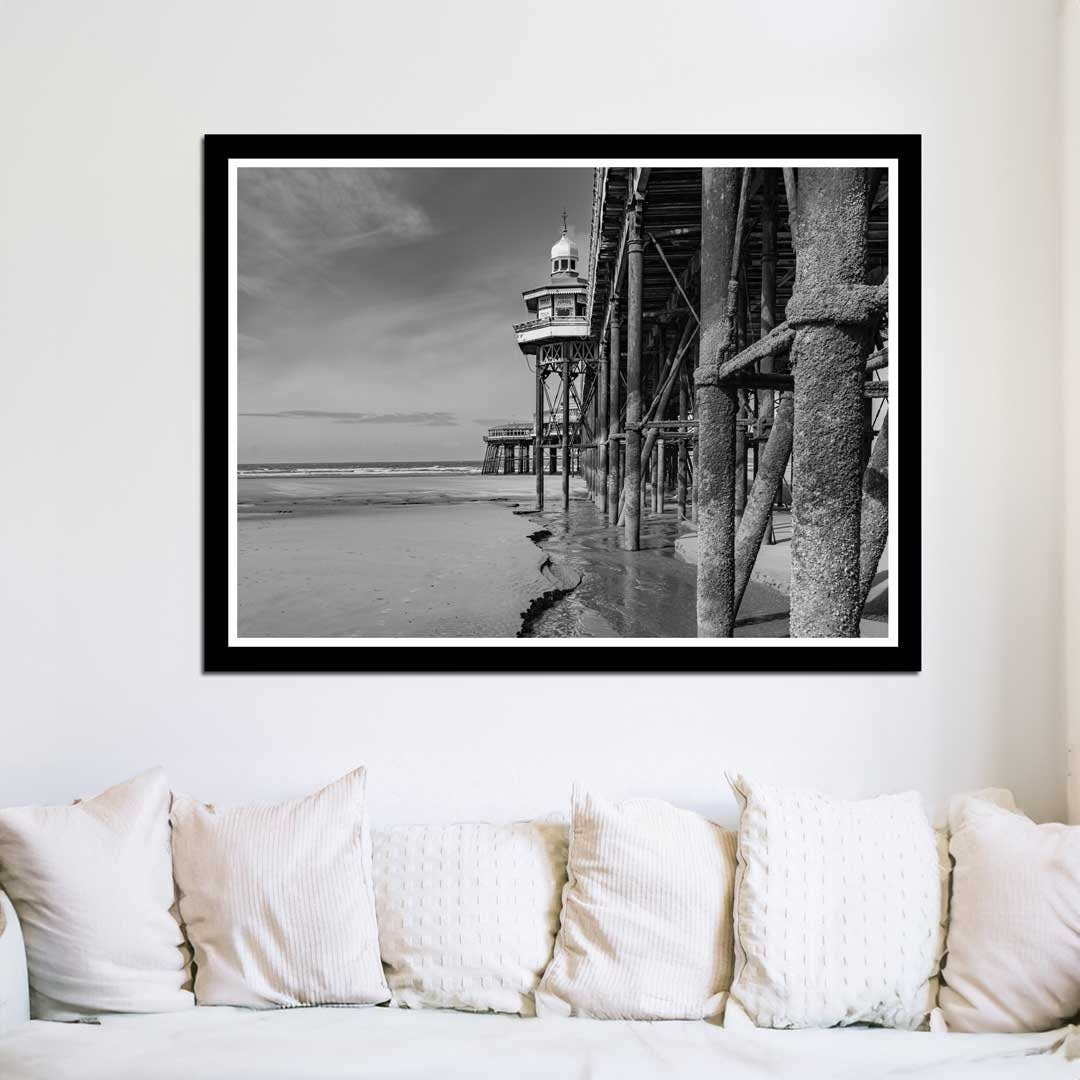 Black and White Blackpool Beach, Under the North Pier, Landscape Photography Prints, Wall Art, Panoramic