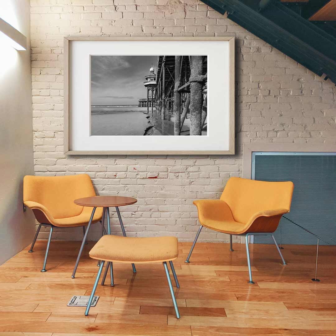 Black and White Blackpool Beach, Under the North Pier, Landscape Photography Prints, Wall Art, Panoramic