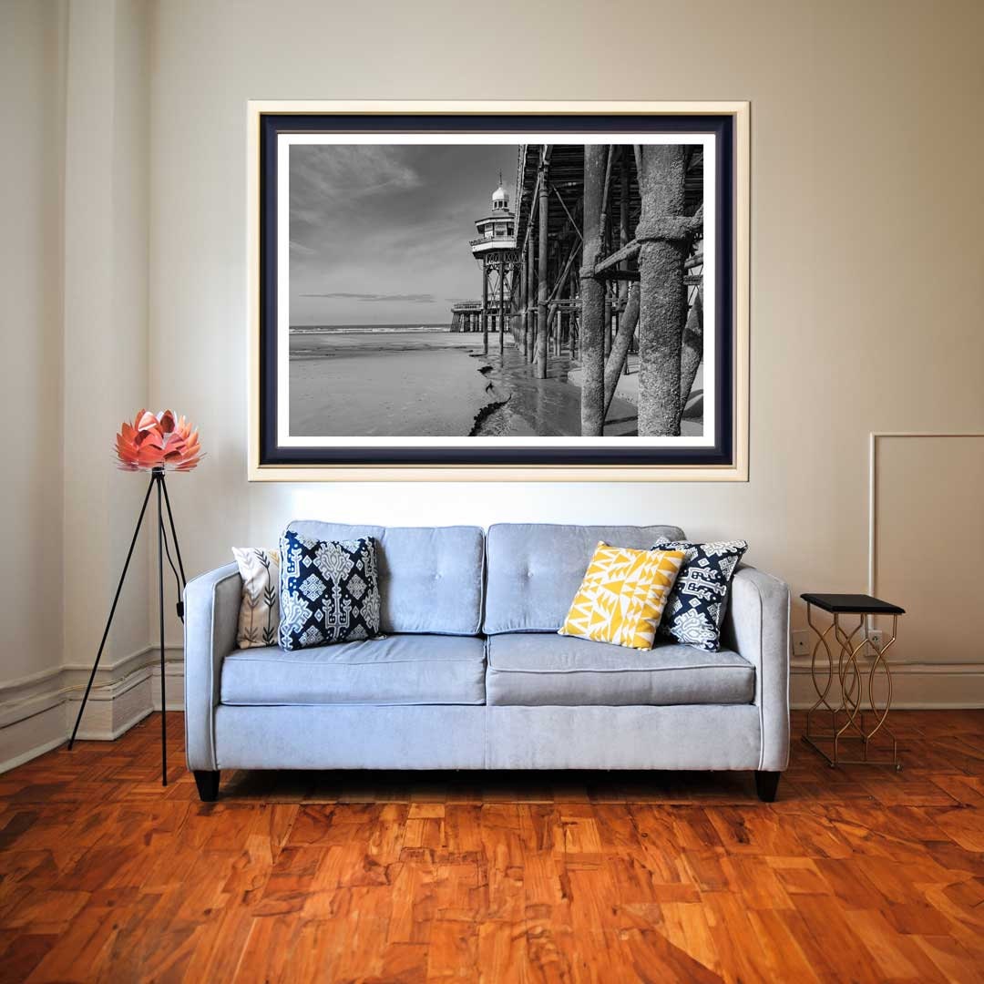 Black and White Blackpool Beach, Under the North Pier, Landscape Photography Prints, Wall Art, Panoramic