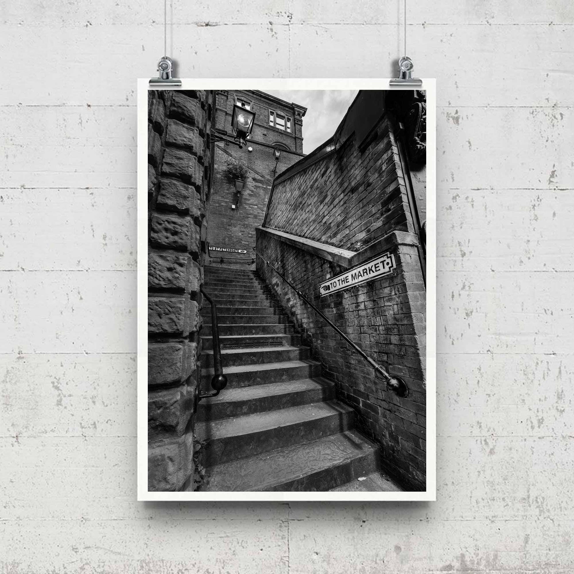Manchester Stockport Steps Fine Art Print, Stone Steps, Stockport scenery, Stockport landmark, Black and White Digital Print