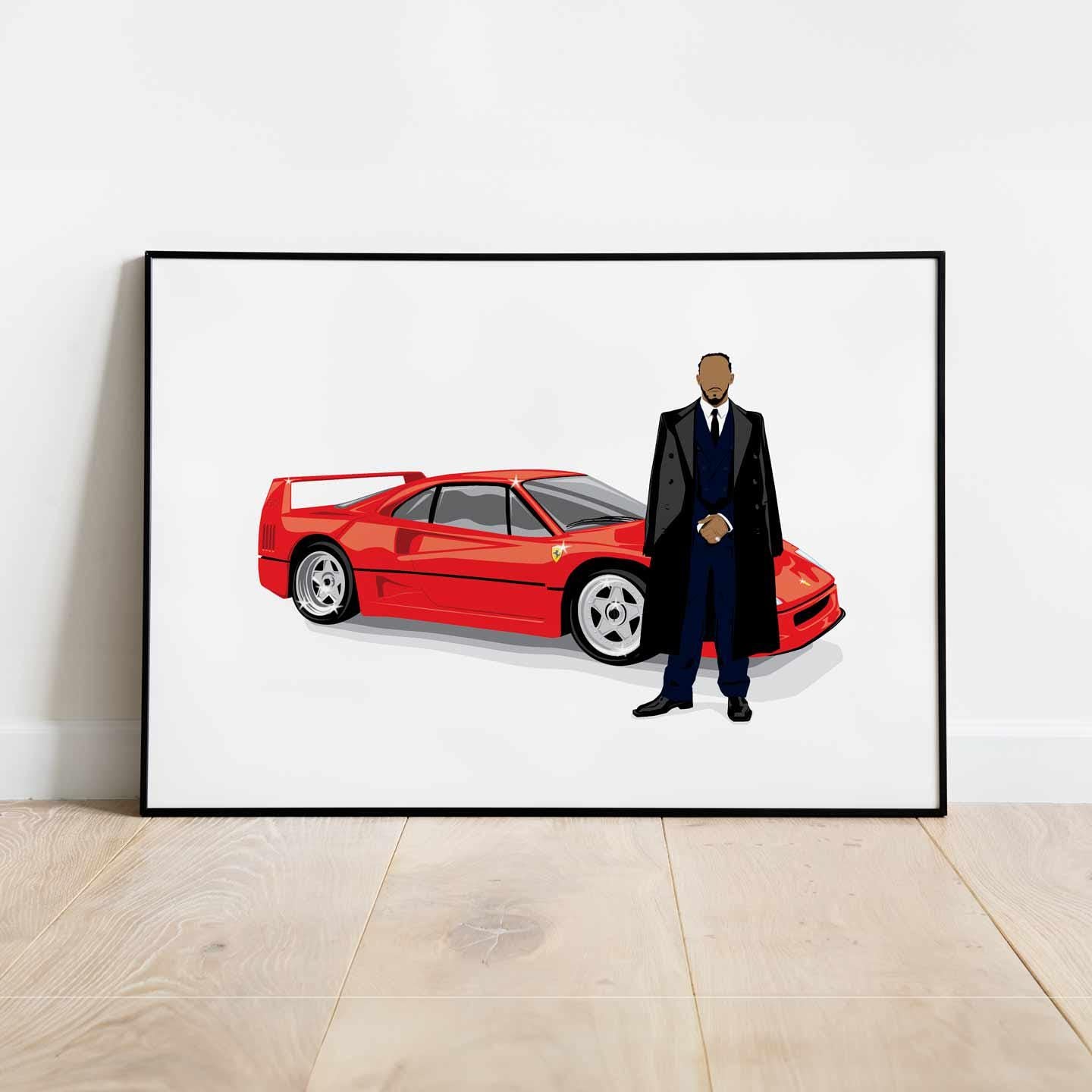 Lewis Hamilton Ferrari F40 Portrait Digital Print Poster, Minimalist Wall Art Print Illustration Poster, 2025 F1 season