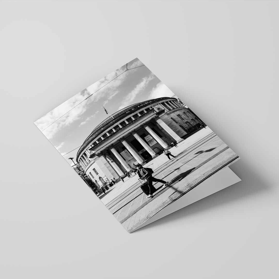 Manchester Greetings Card A5 to fit A5 Picture Frame, Street Photography, Wall Art, Manchester Library, Black and White Photography