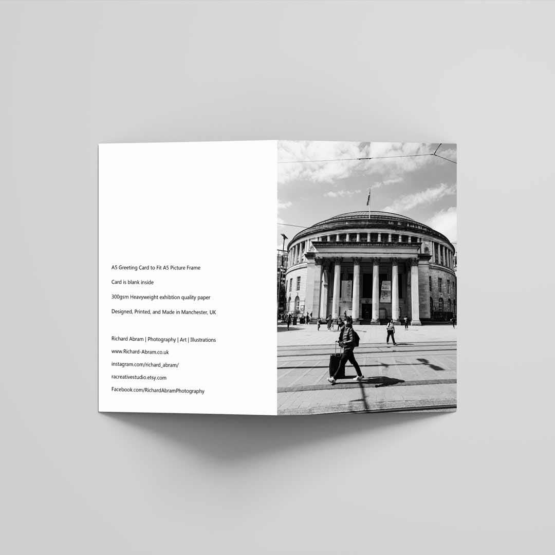Manchester Greetings Card A5 to fit A5 Picture Frame, Street Photography, Wall Art, Manchester Library, Black and White Photography