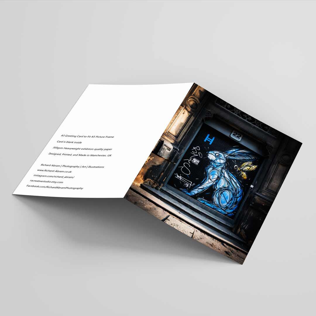 Blue Bunny Greetings Card A5 to fit A5 Picture Frame, Street Photography, Wall Art, Graffiti photo, Manchester print, City Print, UK City