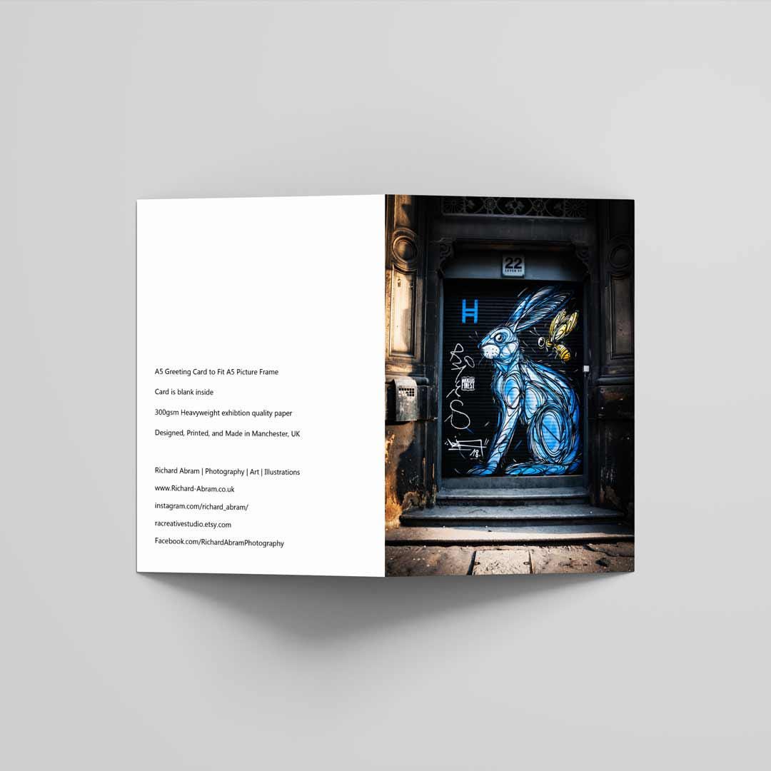 Blue Bunny Greetings Card A5 to fit A5 Picture Frame, Street Photography, Wall Art, Graffiti photo, Manchester print, City Print, UK City