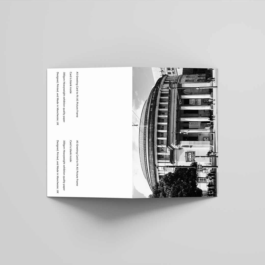 Manchester Greetings Card A5 to fit A5 Picture Frame, Street Photography, Wall Art, Manchester Library, Black and White Photography