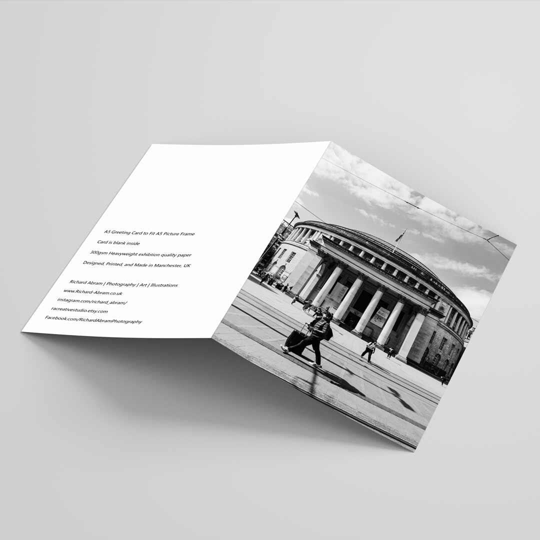 Manchester Greetings Card A5 to fit A5 Picture Frame, Street Photography, Wall Art, Manchester Library, Black and White Photography